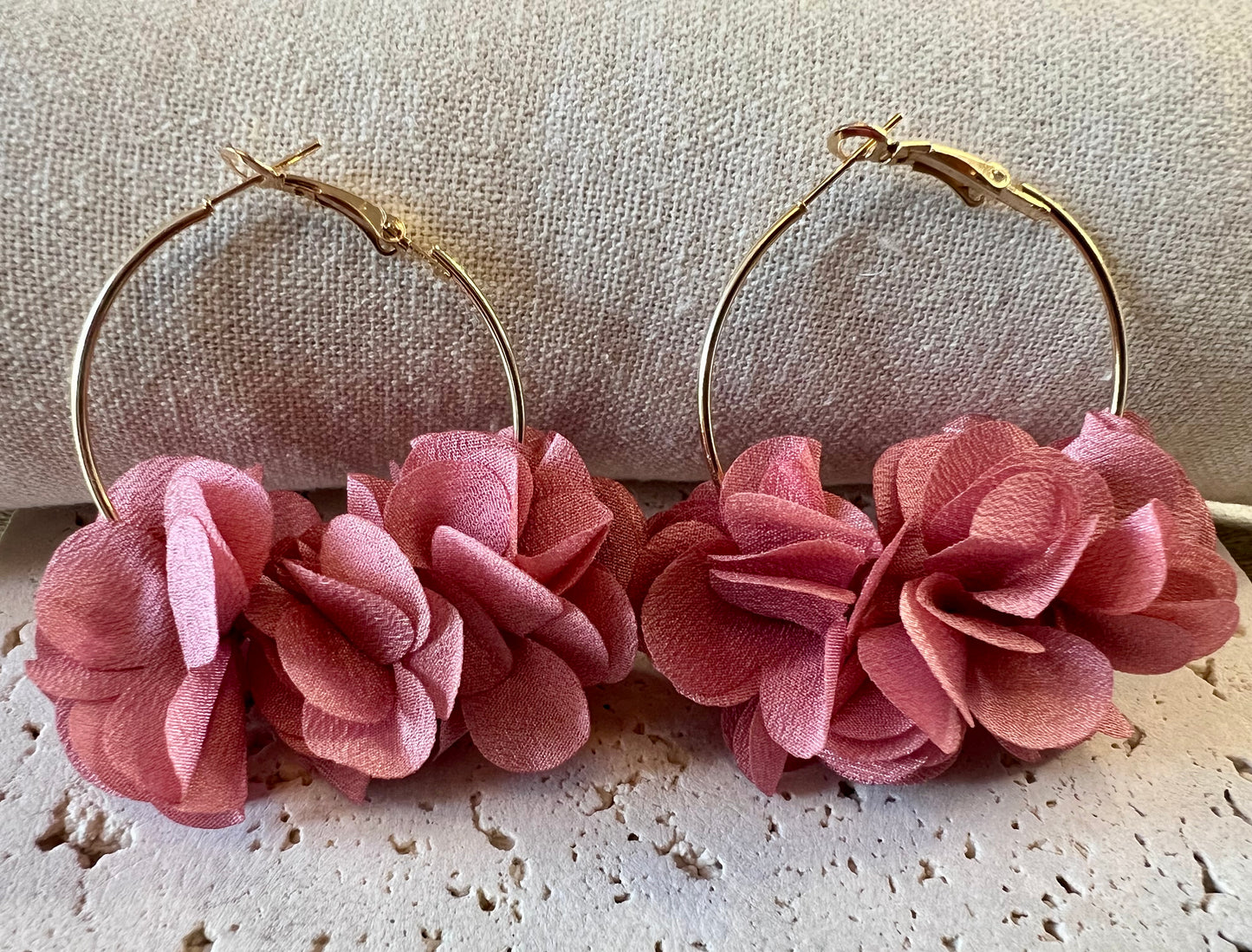 Gold & Pink Flower Hoop Earrings – Bold Florals with Luxe Contrast