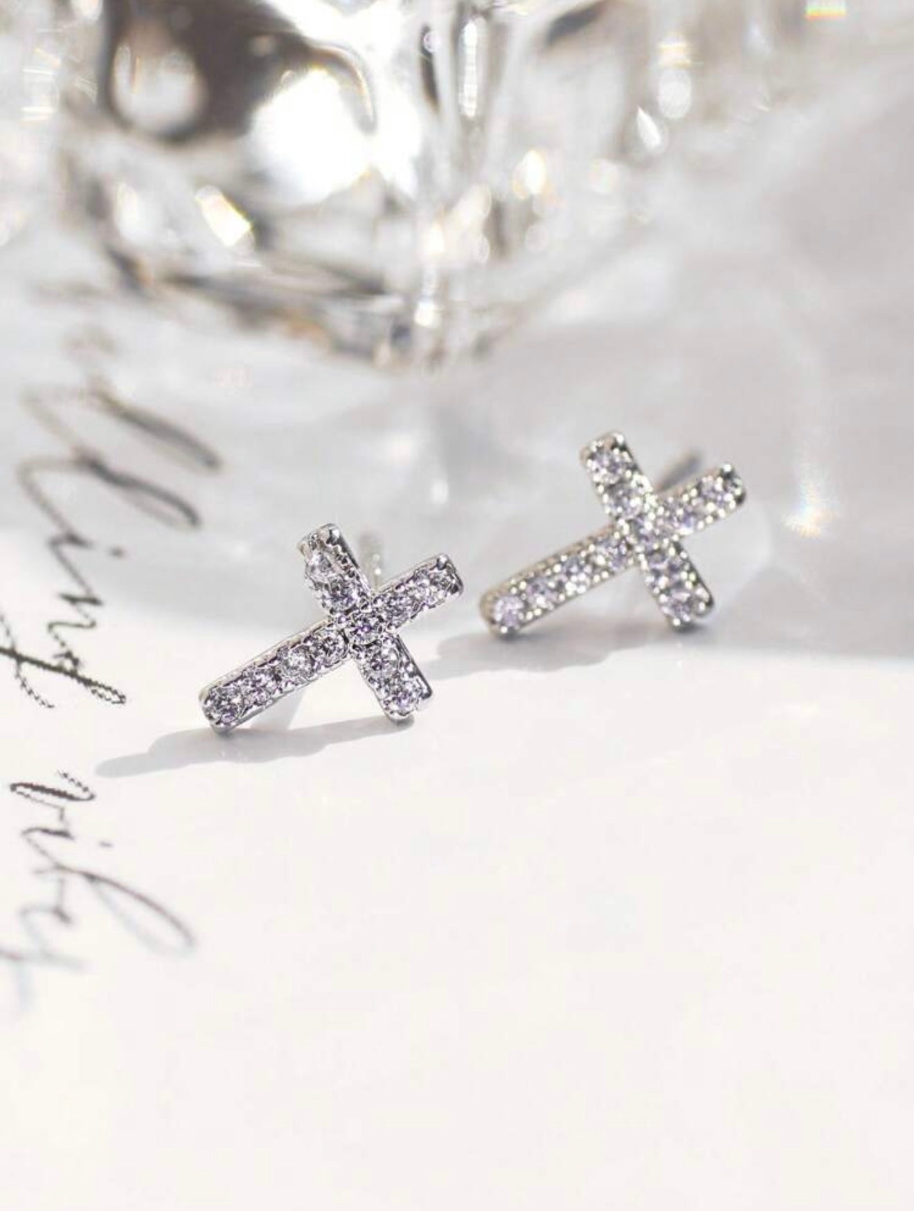Hypoallergenic Tarnish Resistant Gold plated Silver Tone Cross Stud Earrings with CZ