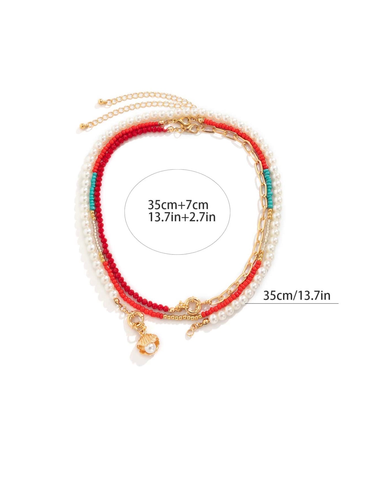3pc Nautical Shell Necklace Set – Faux Pearls, Red & Blue Beads, and Gold Charm Accents
