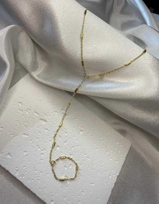 Gold Beaded Hand Chain – Minimalist Ring-to-Bracelet Jewellery for Daily Wear