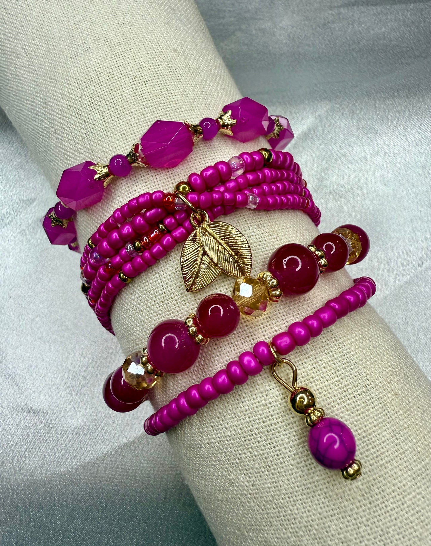 4pc Handmade Pink Seed & Glass Beaded Bracelet Stack – Vibrant Jewellery Set for Women