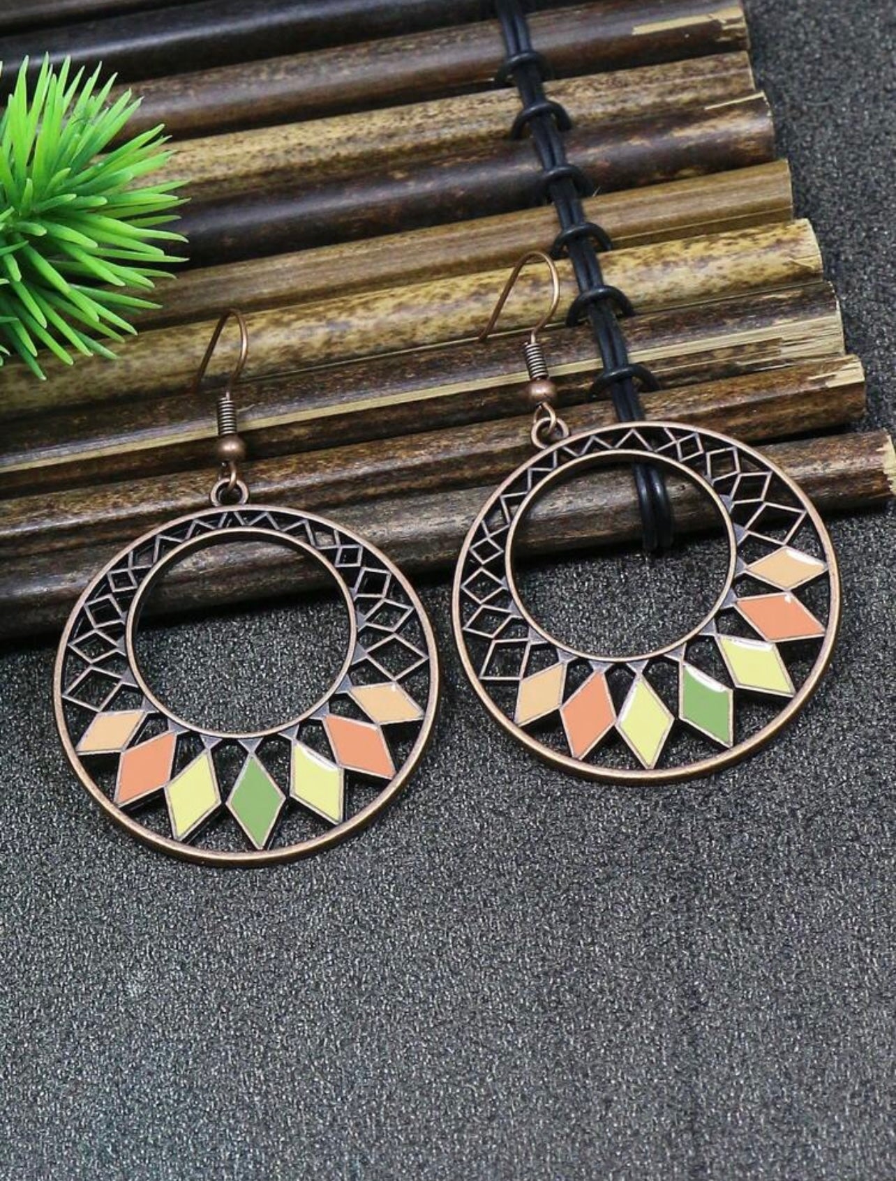 3pc Antique Copper Boho Necklace & Earrings Set – Wooden Rhombus Pendant Jewellery for Daily Wear & Events