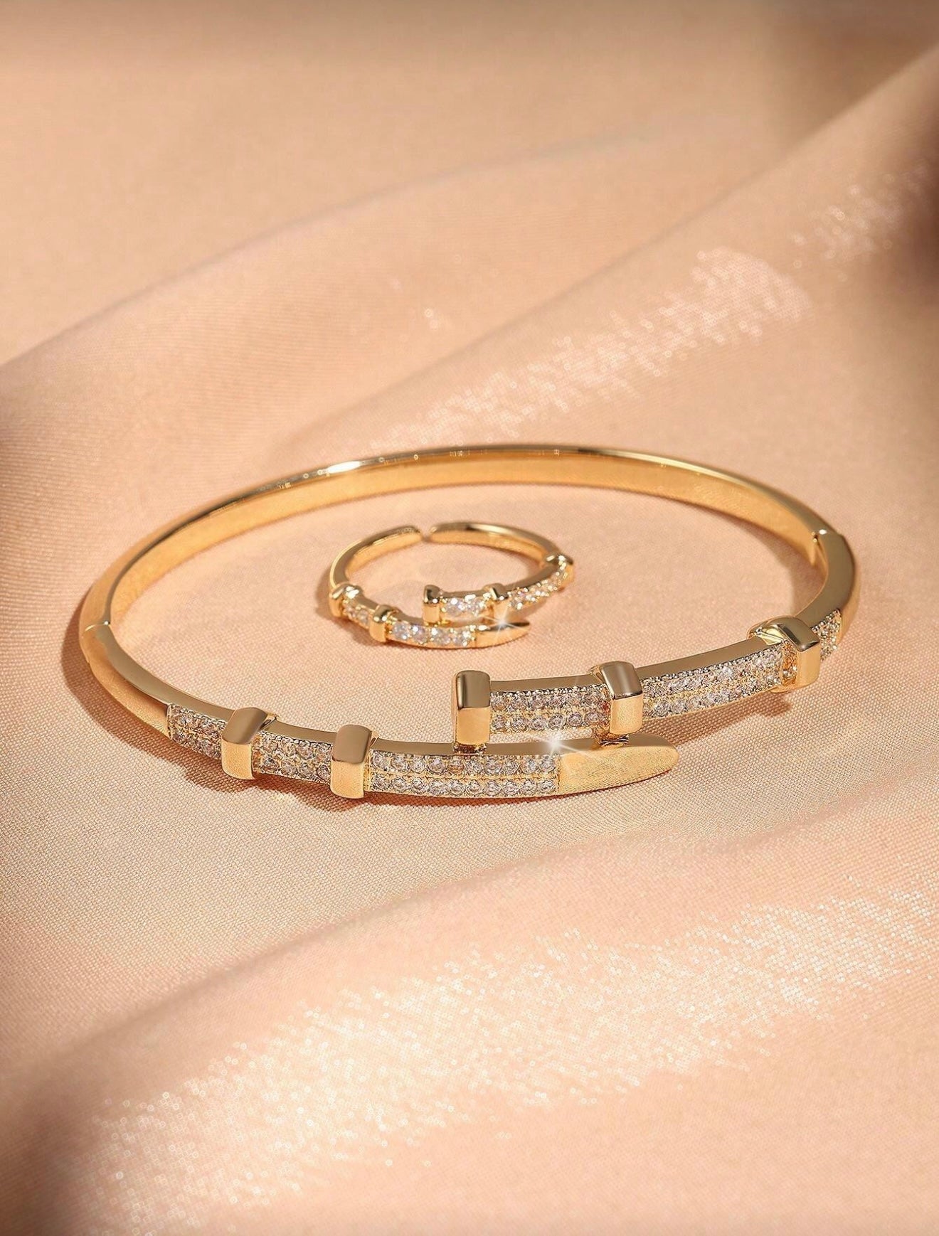 18K Gold Plated Cubic Zirconia Nail Bracelet & Ring Set – Cartier Style Elegance with Modern Edge