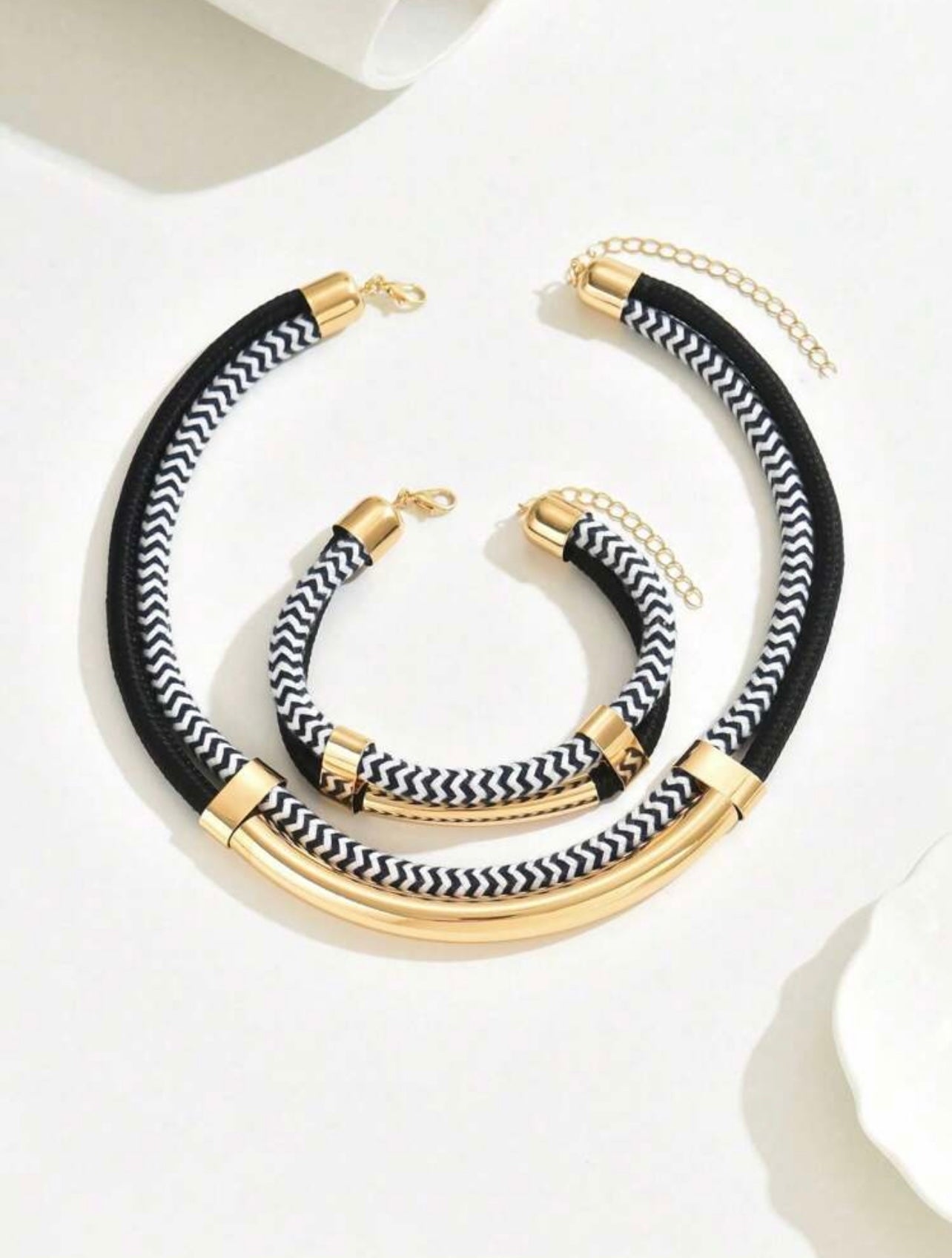 2pc Nautical Black Cord Choker And Bracelet Set – Multicolour Statement Necklaces with Gold Accents