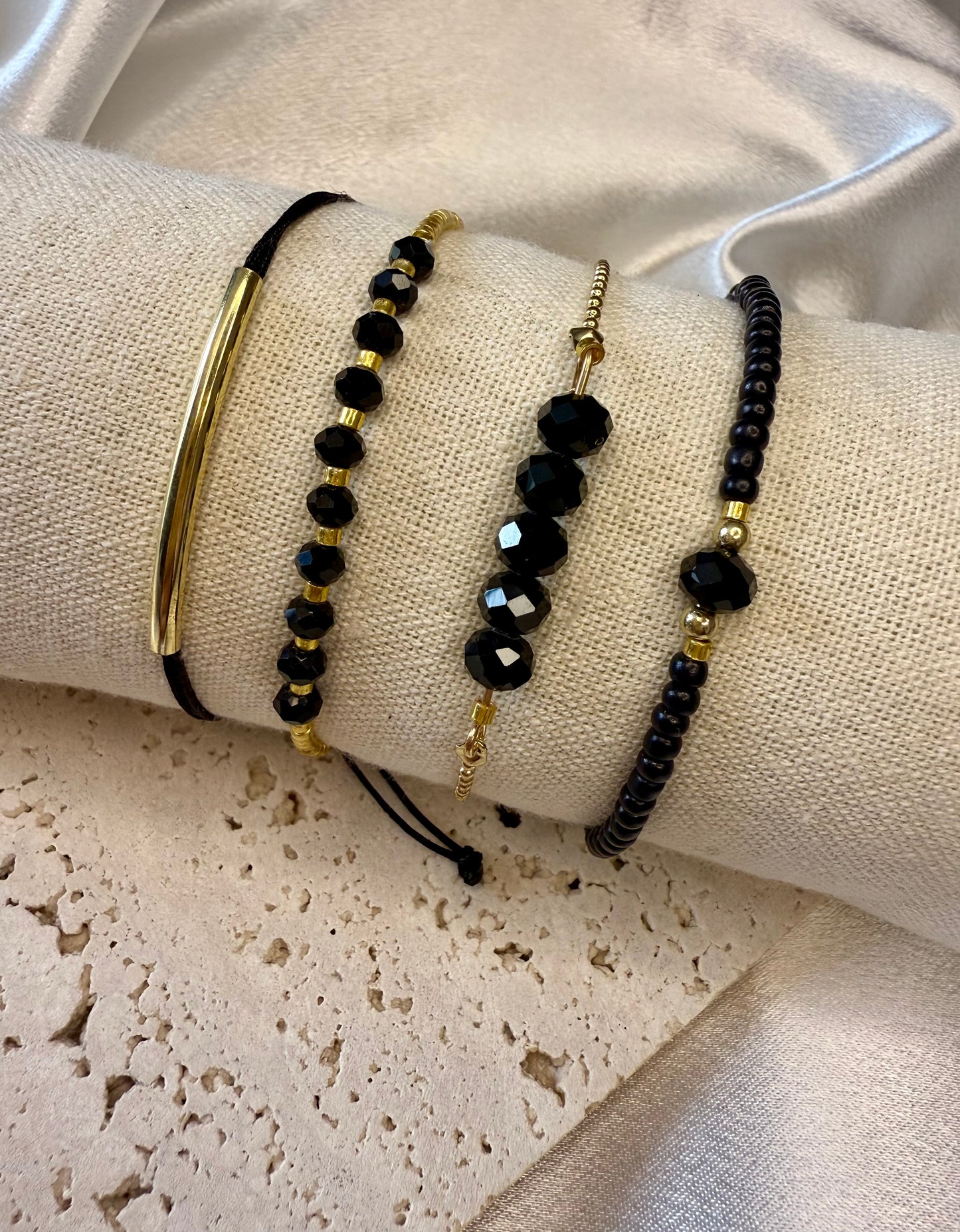 4pc Black & Gold Beaded Bracelet Stack – Handmade Party & Evening Jewellery