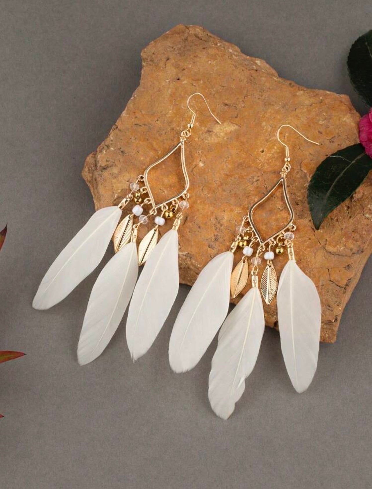 Gold & White Boho Feather Dangle Earrings – Free-Spirited Elegance with a Light, Airy Touch