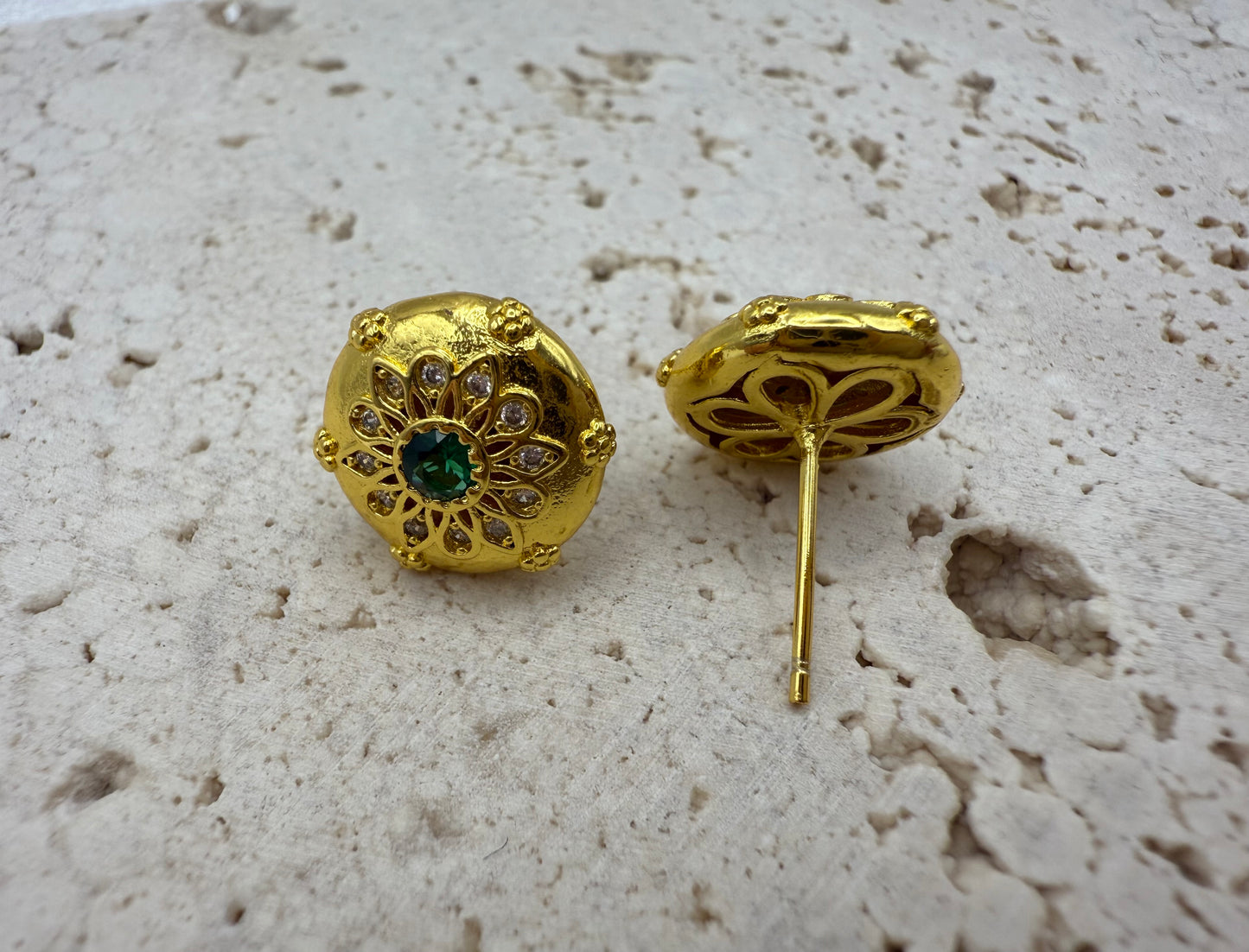 Delicate Carved Vintage Palace Style 18K Gold Plated Earrings with Green Zirconia Stone