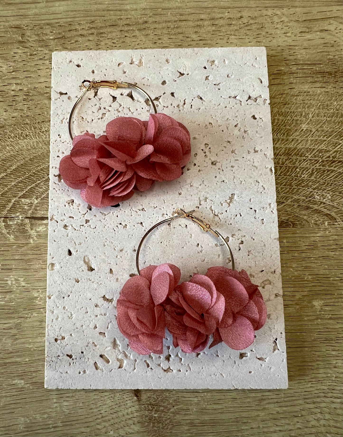 Gold & Pink Flower Hoop Earrings – Bold Florals with Luxe Contrast