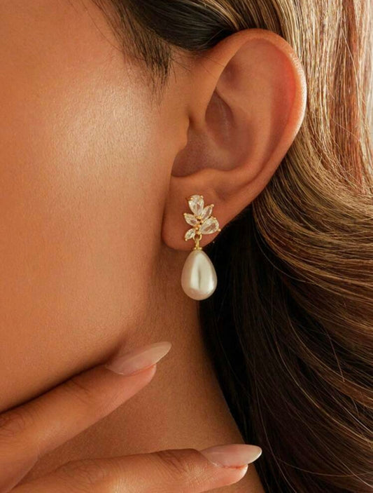 Gold-Plated Pearl & Cubic Zirconia Drop Earrings – Bridal Elegance for Weddings & Daily Glamour