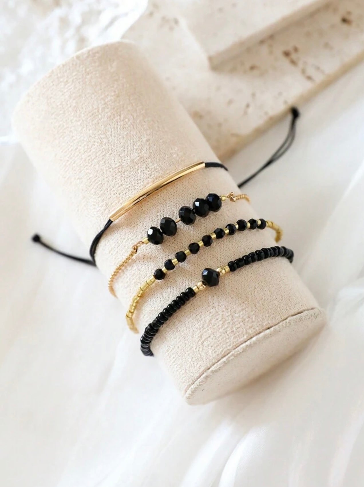 4pc Black & Gold Beaded Bracelet Stack – Handmade Party & Evening Jewellery