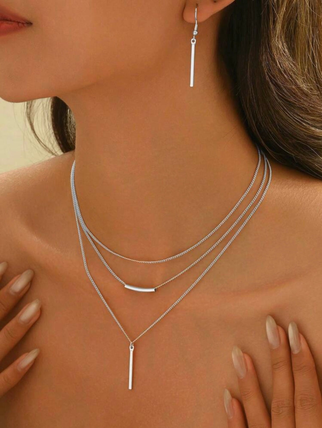 Silver Bohemian Minimalist Jewellery Set – Geometric Pendant Necklace & Earrings