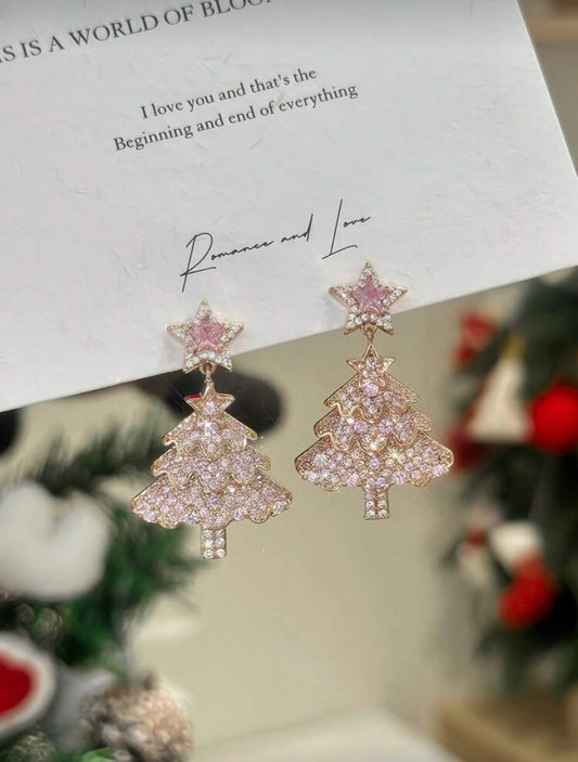 Luxury Sparkling Star Christmas Tree Earrings – Elegant, Radiant & Festive- Pinc Cubic Zirconia