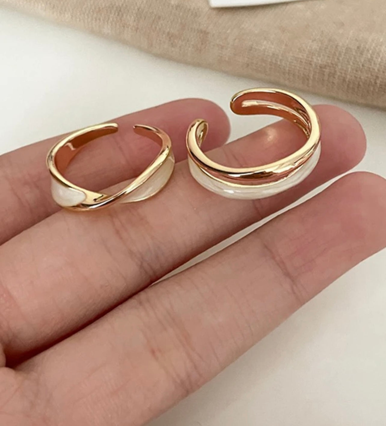 2pc Gold Criss-Cross Open Ring Set – Glossy Cream Enamel, Luxury Everyday Gift