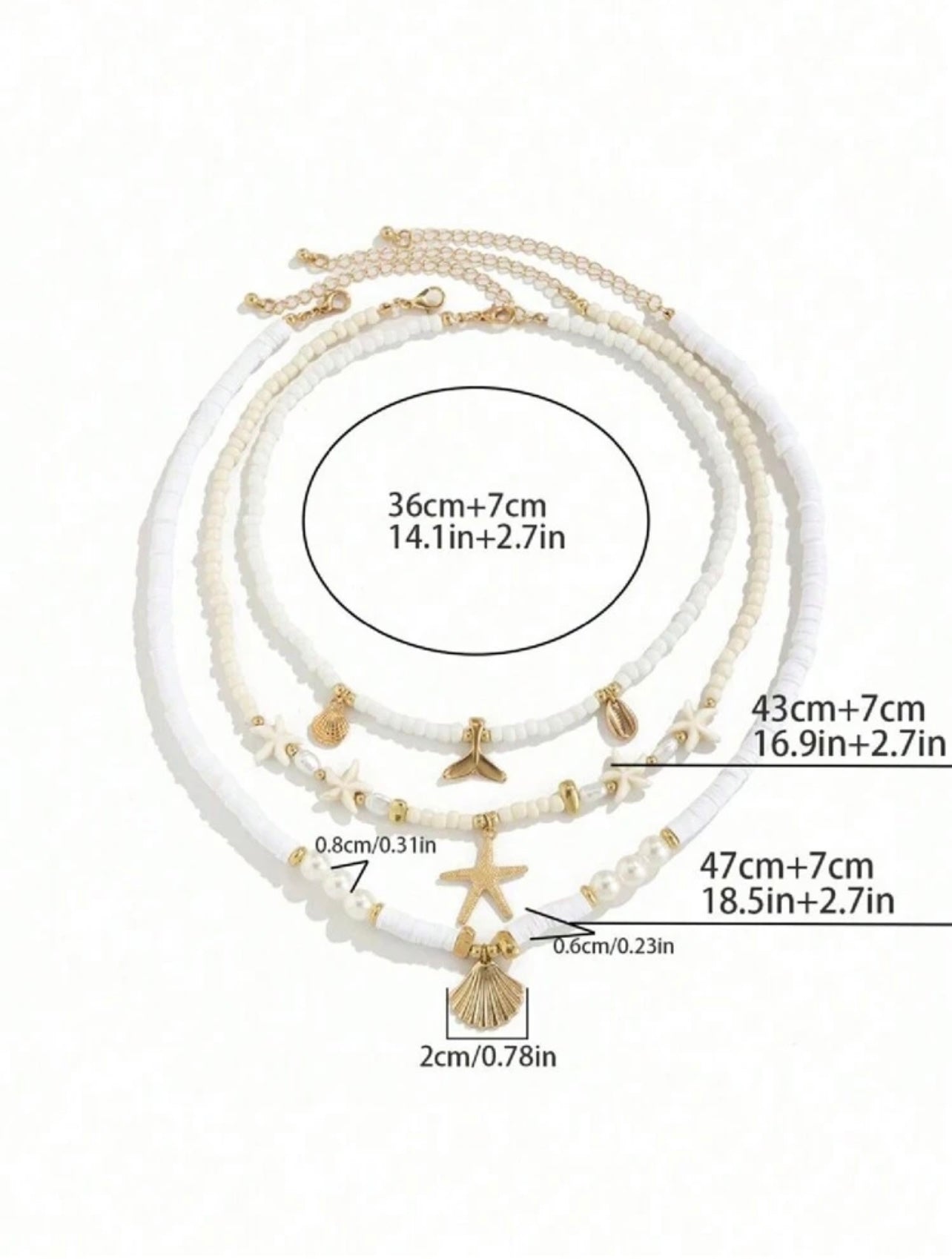 3pc Ocean Charm Necklace Set – White & Gold Ceramic Beads with Mermaid, Starfish & Shell Pendants
