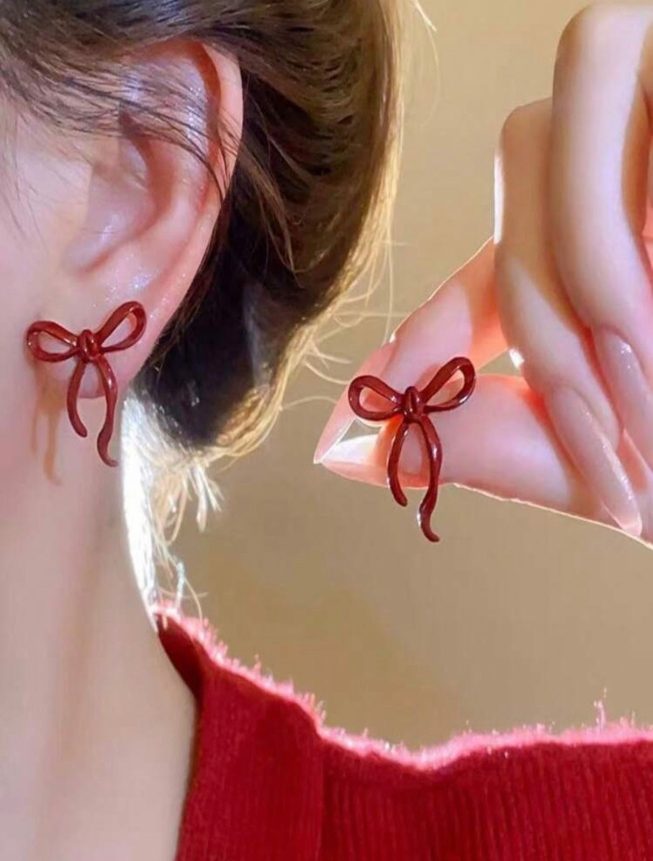 Delicate Burgundy Ribbon Bow Earrings – Tarnish-Resistant Zinc Alloy – Elegant & Feminine Jewellery – Festive Dainty Touch