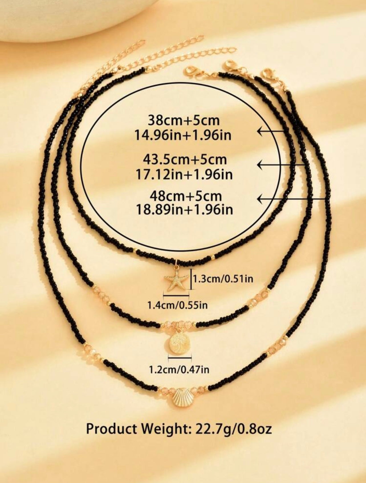 3pc Black & Gold Boho Beach Necklace Set – Starfish & Shell Pendants with Glass Beads