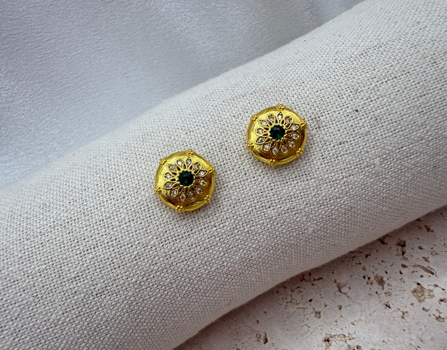 Delicate Carved Vintage Palace Style 18K Gold Plated Earrings with Green Zirconia Stone