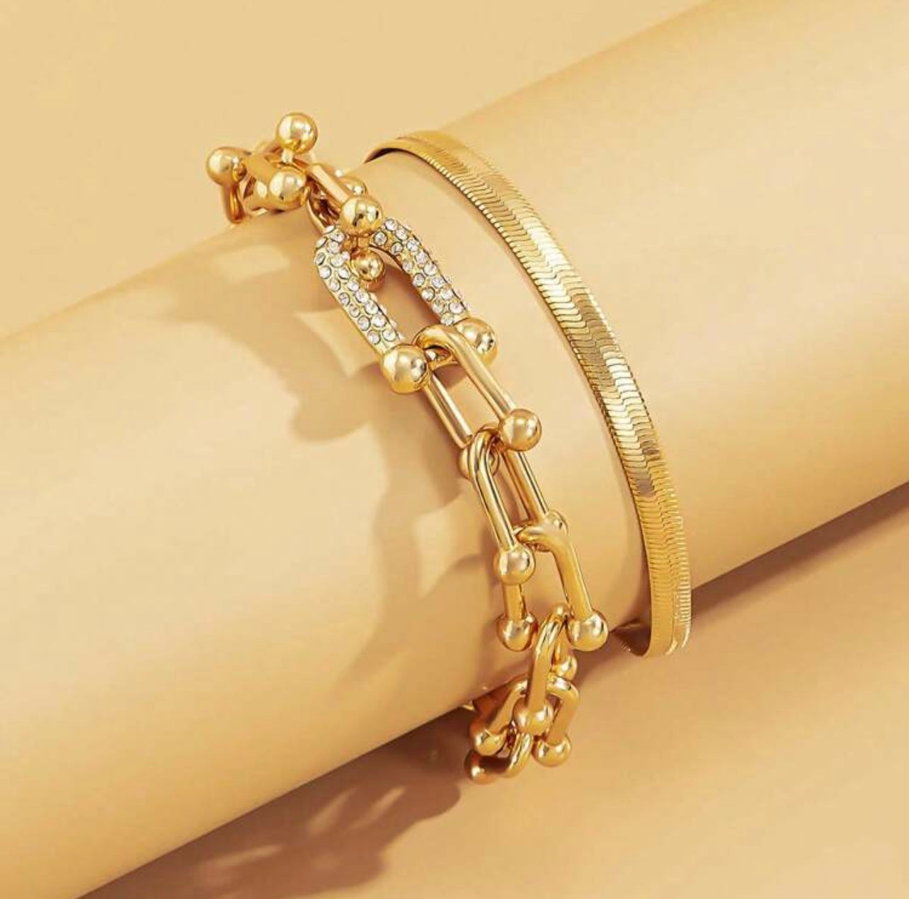2pc Tiffany Style Gold Snake Bone Bracelet Set – Hip-Hop Style with Rhinestone U-Buckle