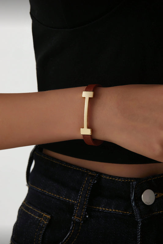 Tan & Gold Hermès-Inspired Faux Leather Bracelet – Elegant Fashion Wristband Gift for Her