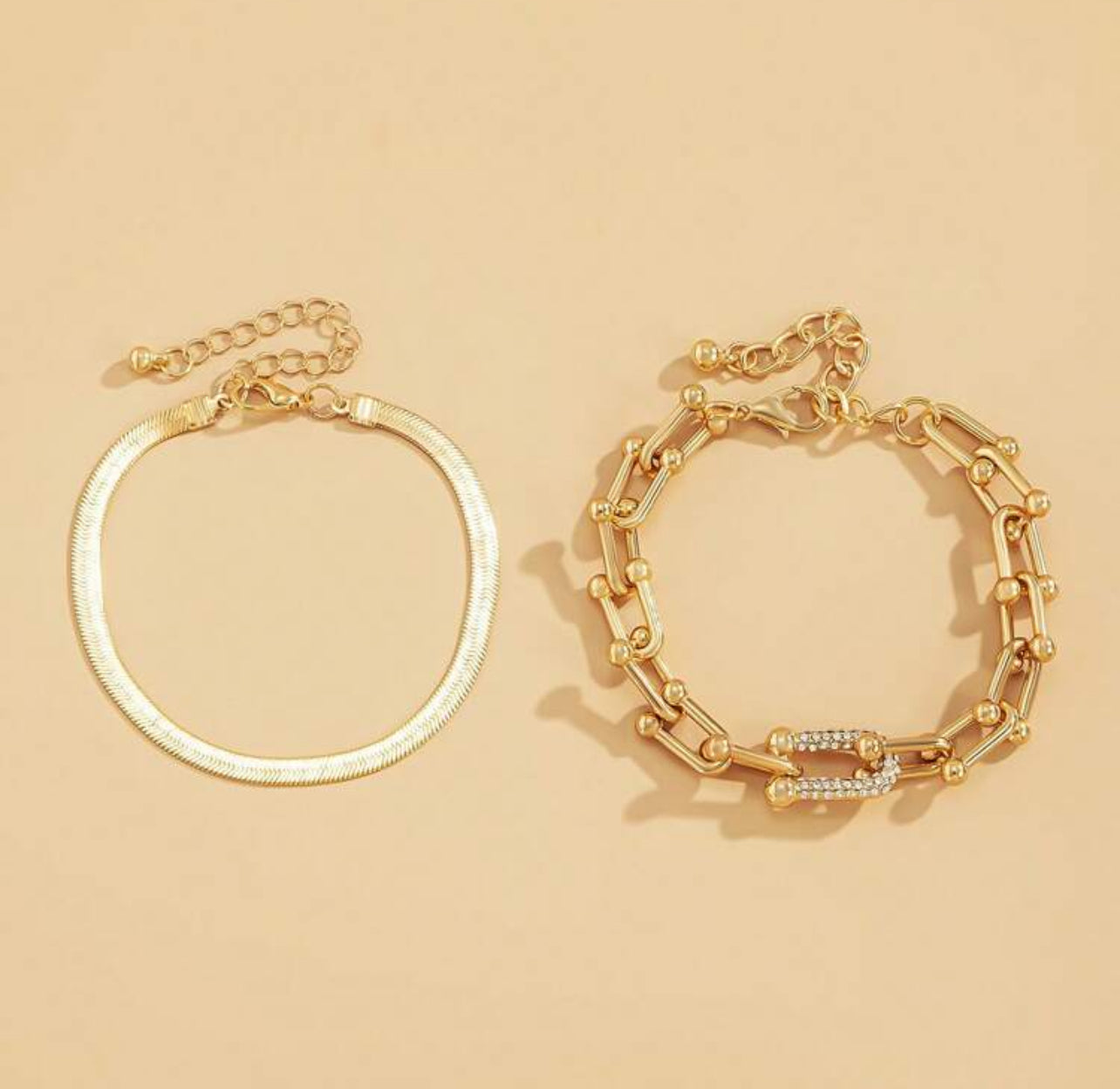 2pc Tiffany Style Gold Snake Bone Bracelet Set – Hip-Hop Style with Rhinestone U-Buckle