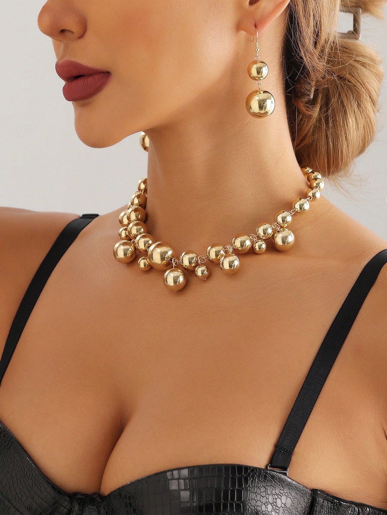 Large Gold Bead Choker Necklace and Earrings Set – Punk Style