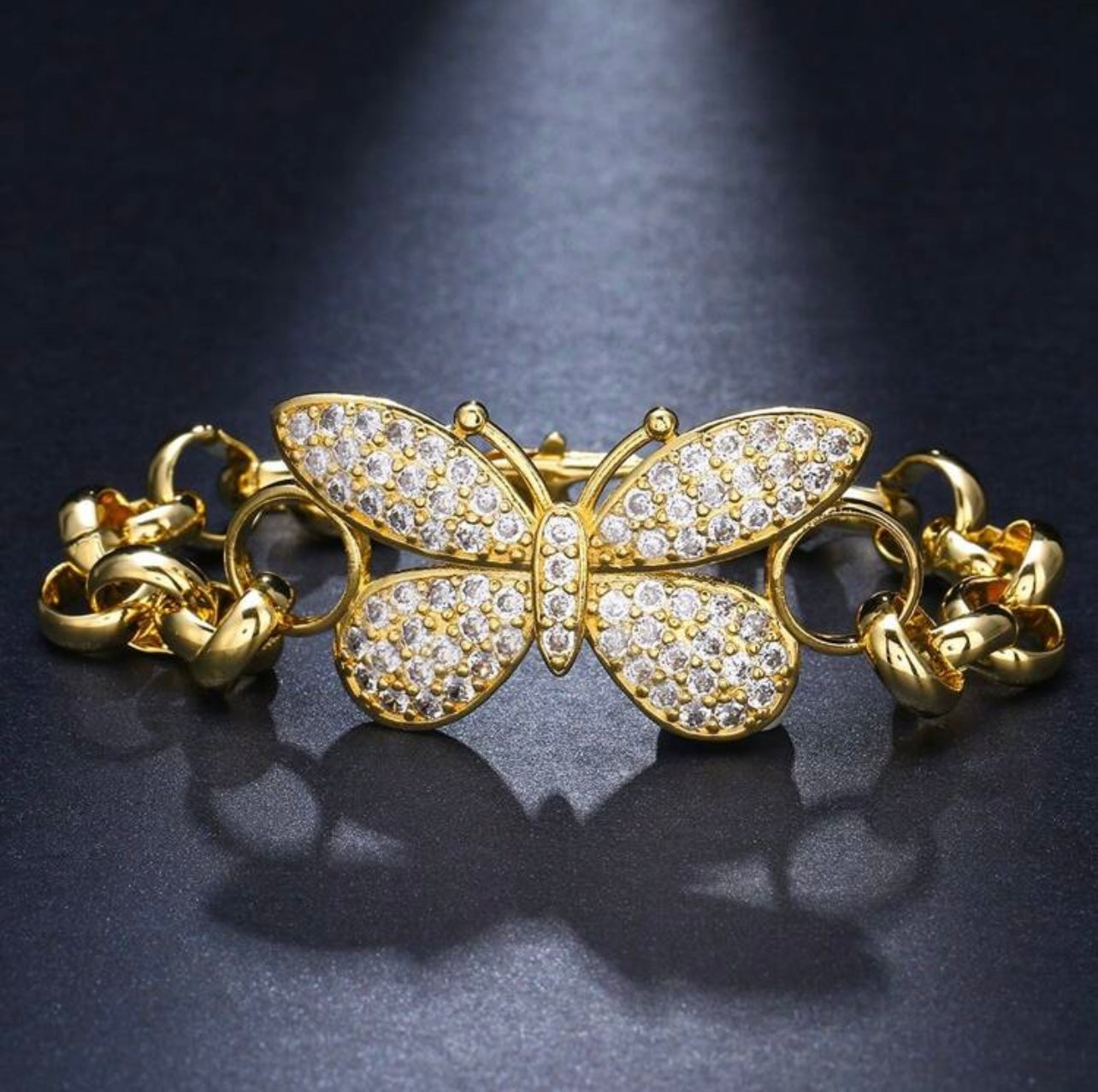 18K Gold-Plated Thick Belcher Butterfly Bracelet – Paved Zircon Detailing, Tarnish-Resistant, Waterproof & Hypoallergenic