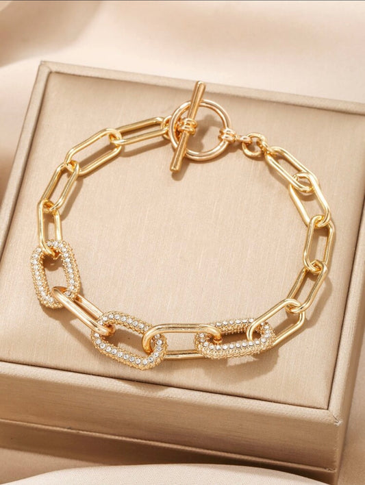 Rhinestone Chain Bracelet – Gold with T-Bar Clasp