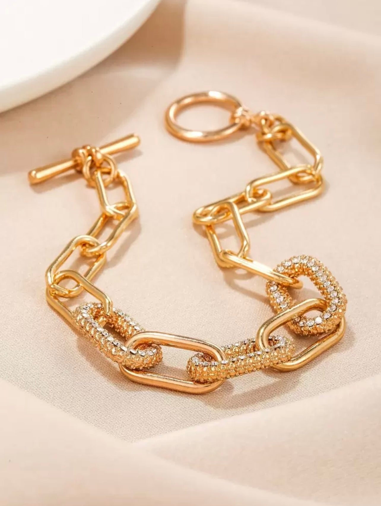 Rhinestone Chain Bracelet – Gold with T-Bar Clasp