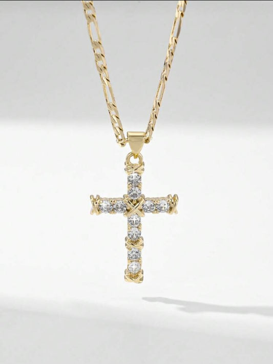 Noble Tarnish Free Raised Cross Pendant Necklace – 14K Gold Plated, Hypoallergenic Zirconia
