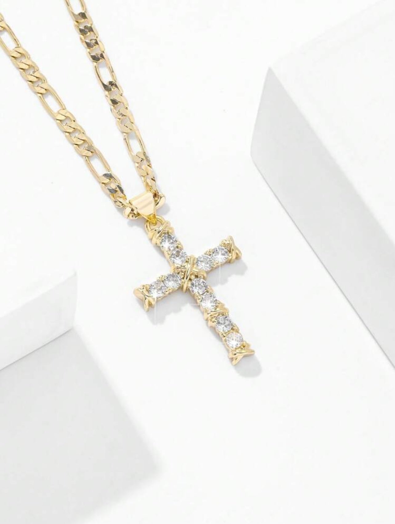 Noble Tarnish Free Raised Cross Pendant Necklace – 14K Gold Plated, Hypoallergenic Zirconia